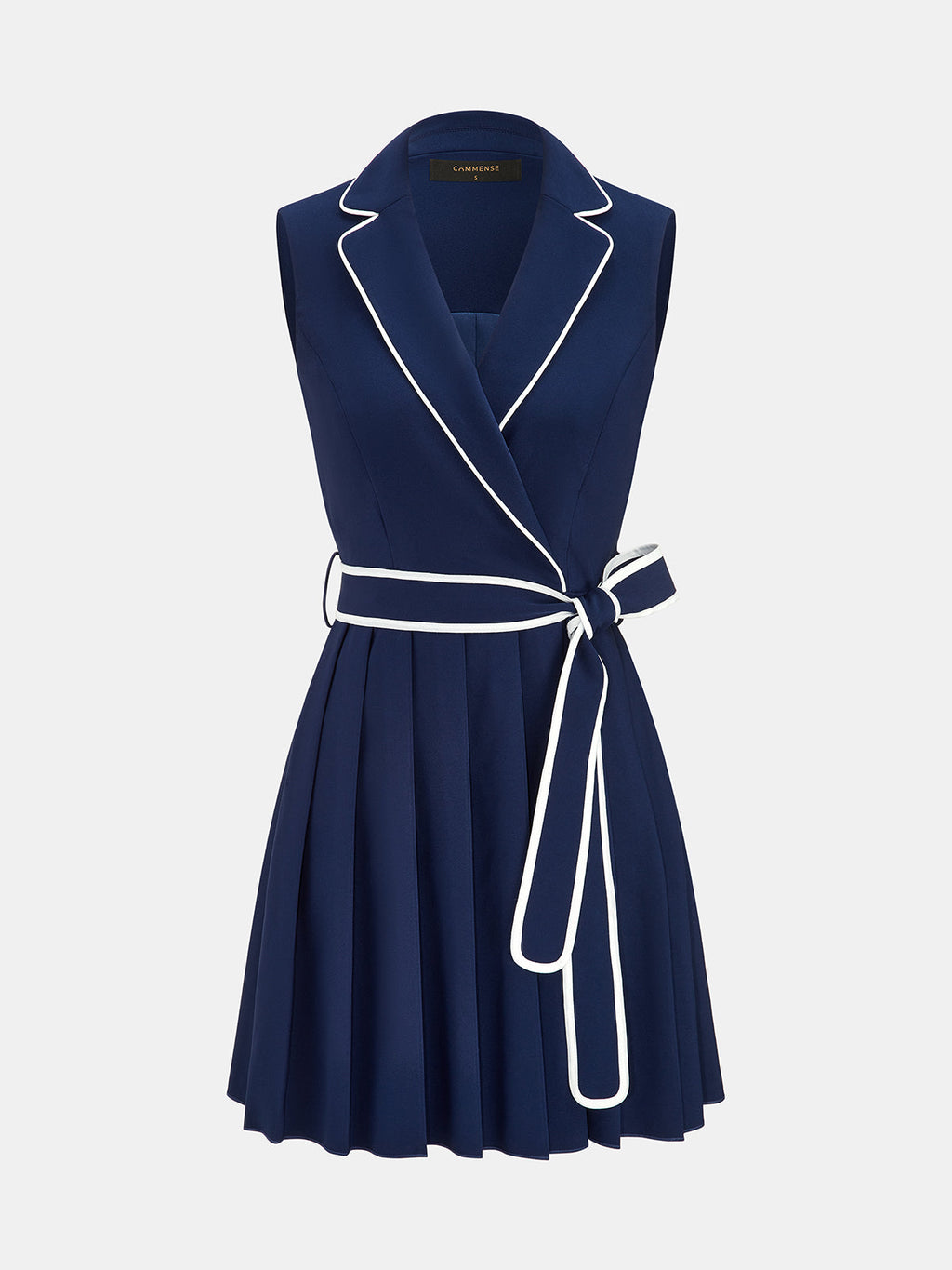 Contrast Trim Belted Lapel Pleat Mini Dress