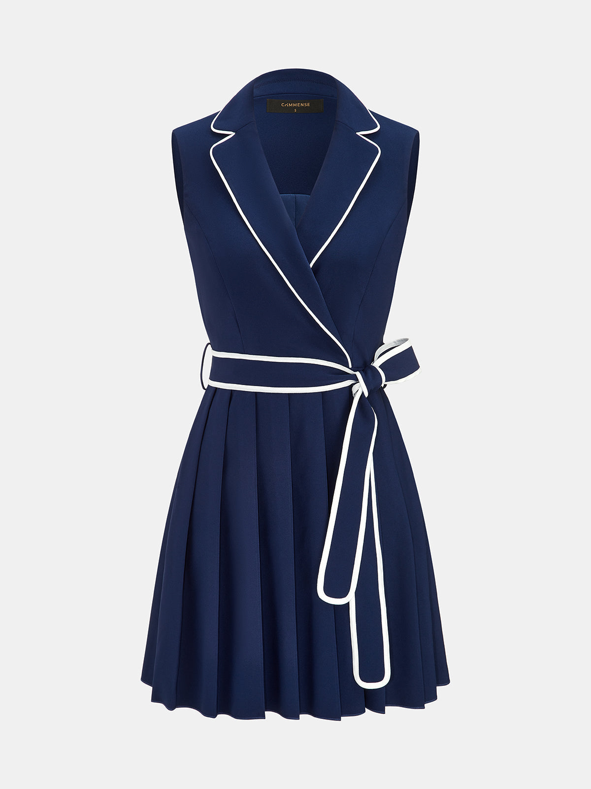 Contrast Trim Belted Lapel Pleat Mini Dress