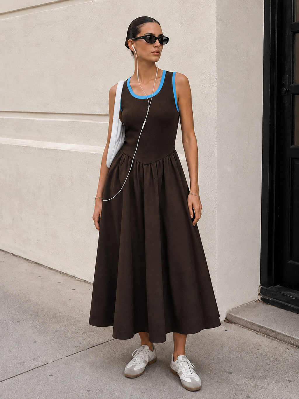 Contrast Trim Ribbed Swing Midi Dress