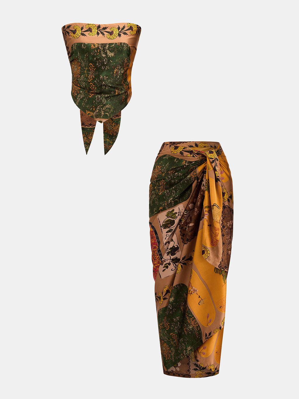 Scarf Print Bandeau Top & Wrap Midi Skirt Set