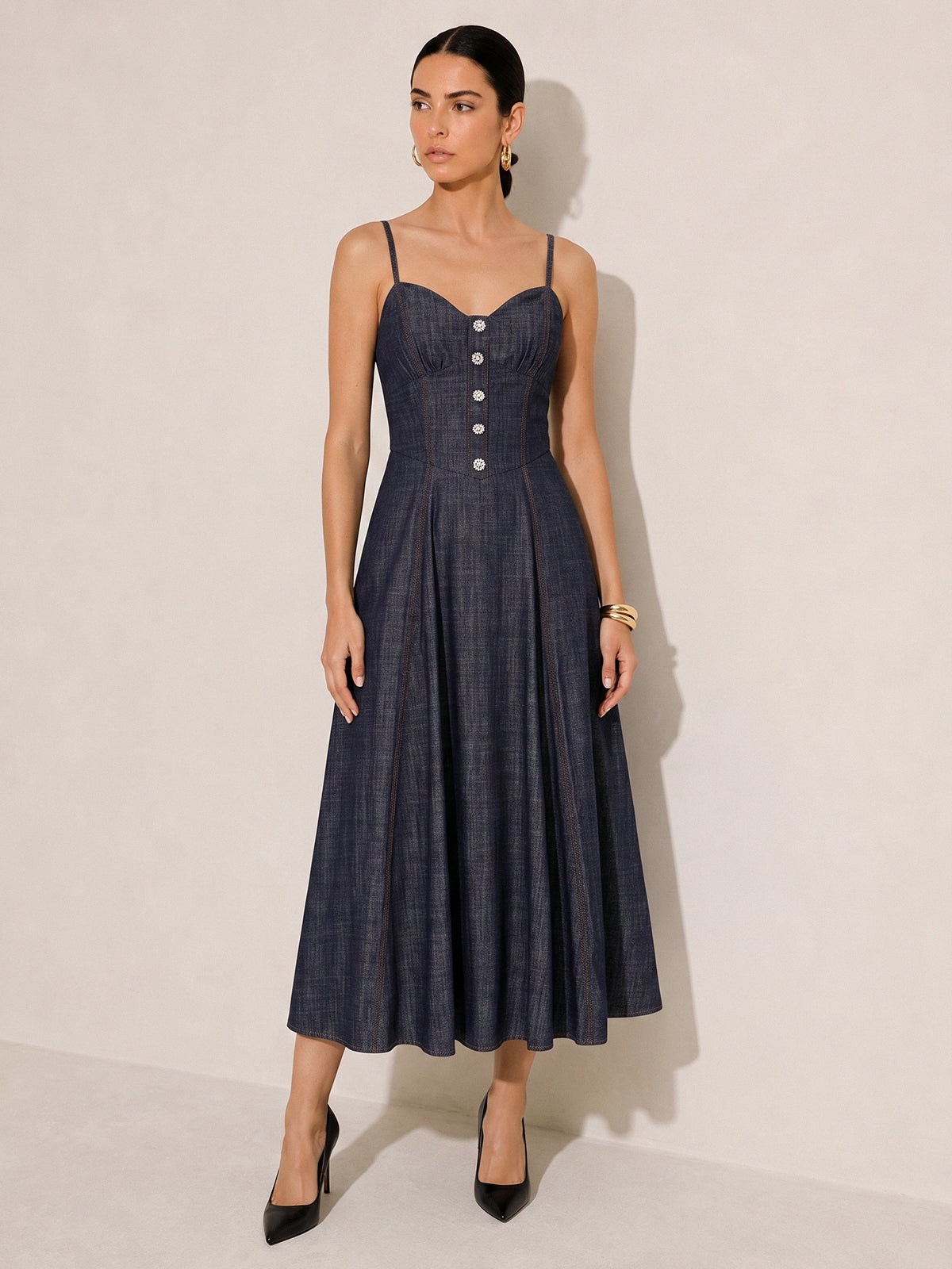 Rhinestone Decor Denim Slip Midi Dress