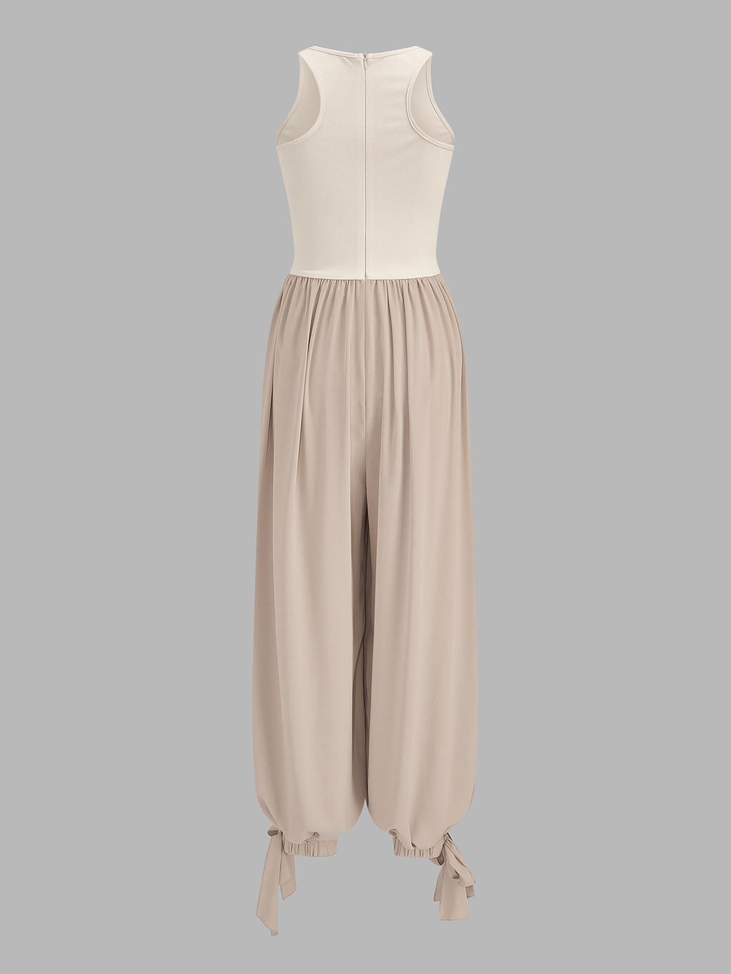 Two-Tone Sleeveless Tie Cuff Balloon Jumpsuit