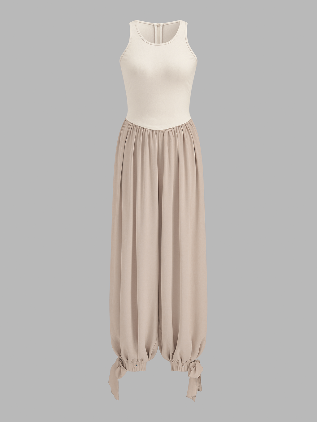 Two-Tone Sleeveless Tie Cuff Balloon Jumpsuit