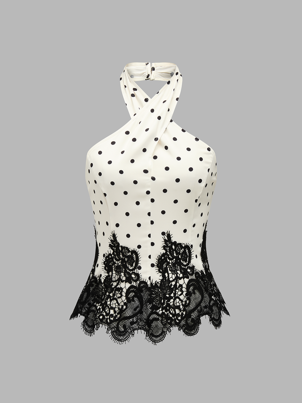 Polka Dot Lace Hem Cross Halter Top