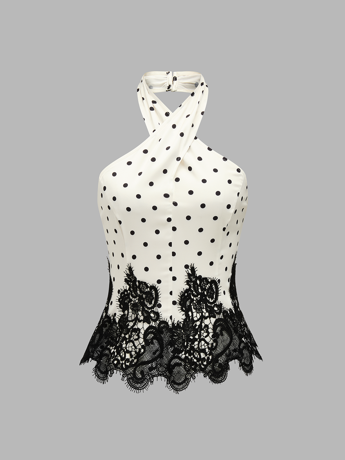 Polka Dot Lace Hem Cross Halter Top