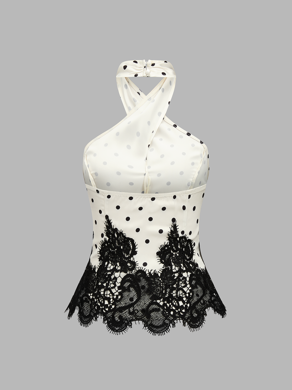 Polka Dot Lace Hem Cross Halter Top