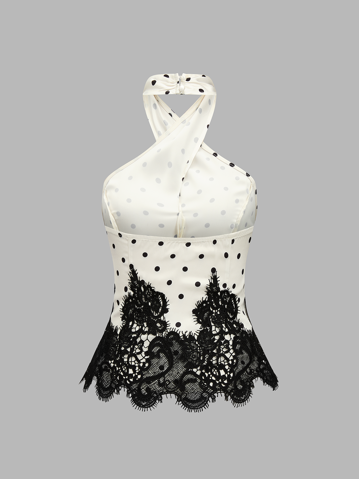 Polka Dot Lace Hem Cross Halter Top