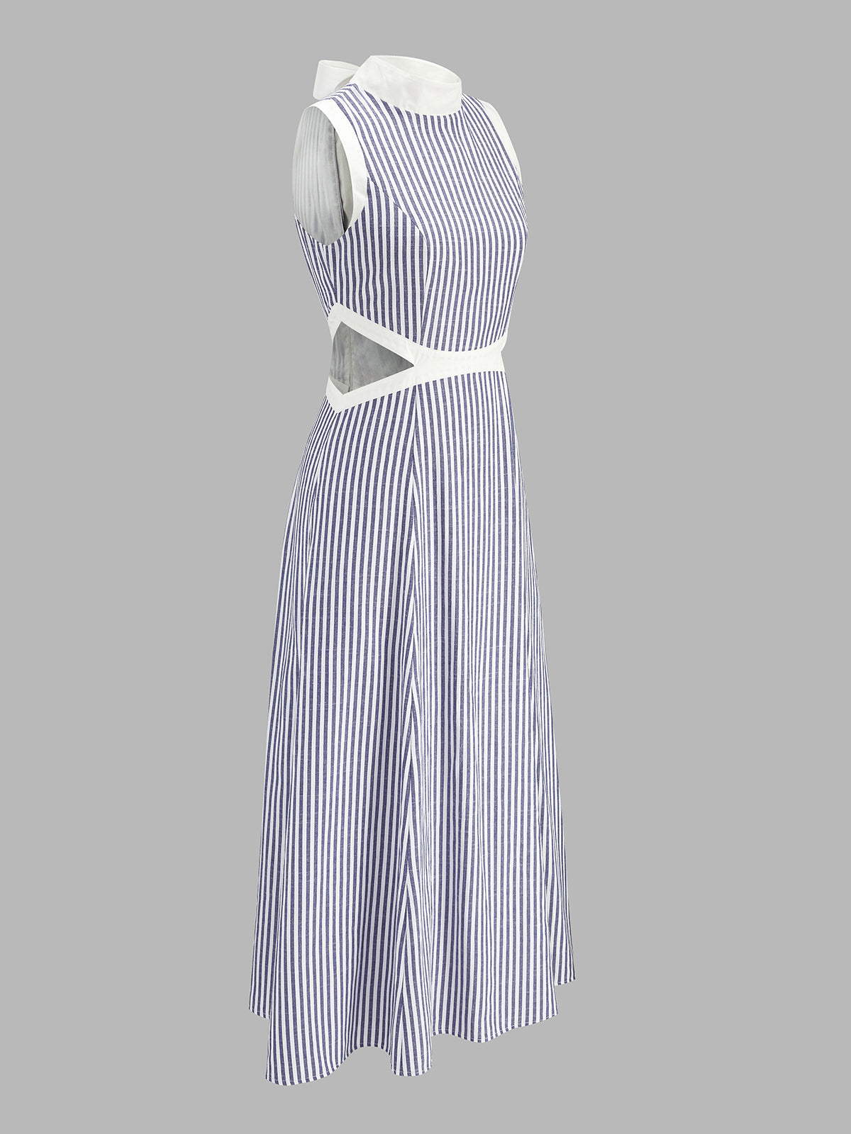 Mock Neck Waist Cutout Striped Maxi Dress