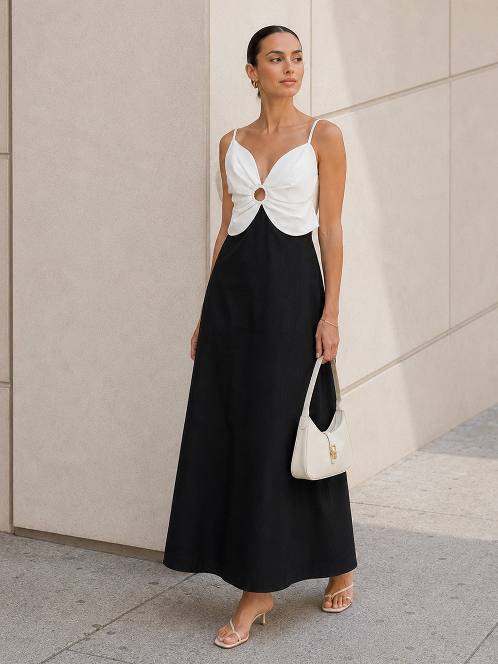 Color Block Ring Cutout Slip Midi Dress