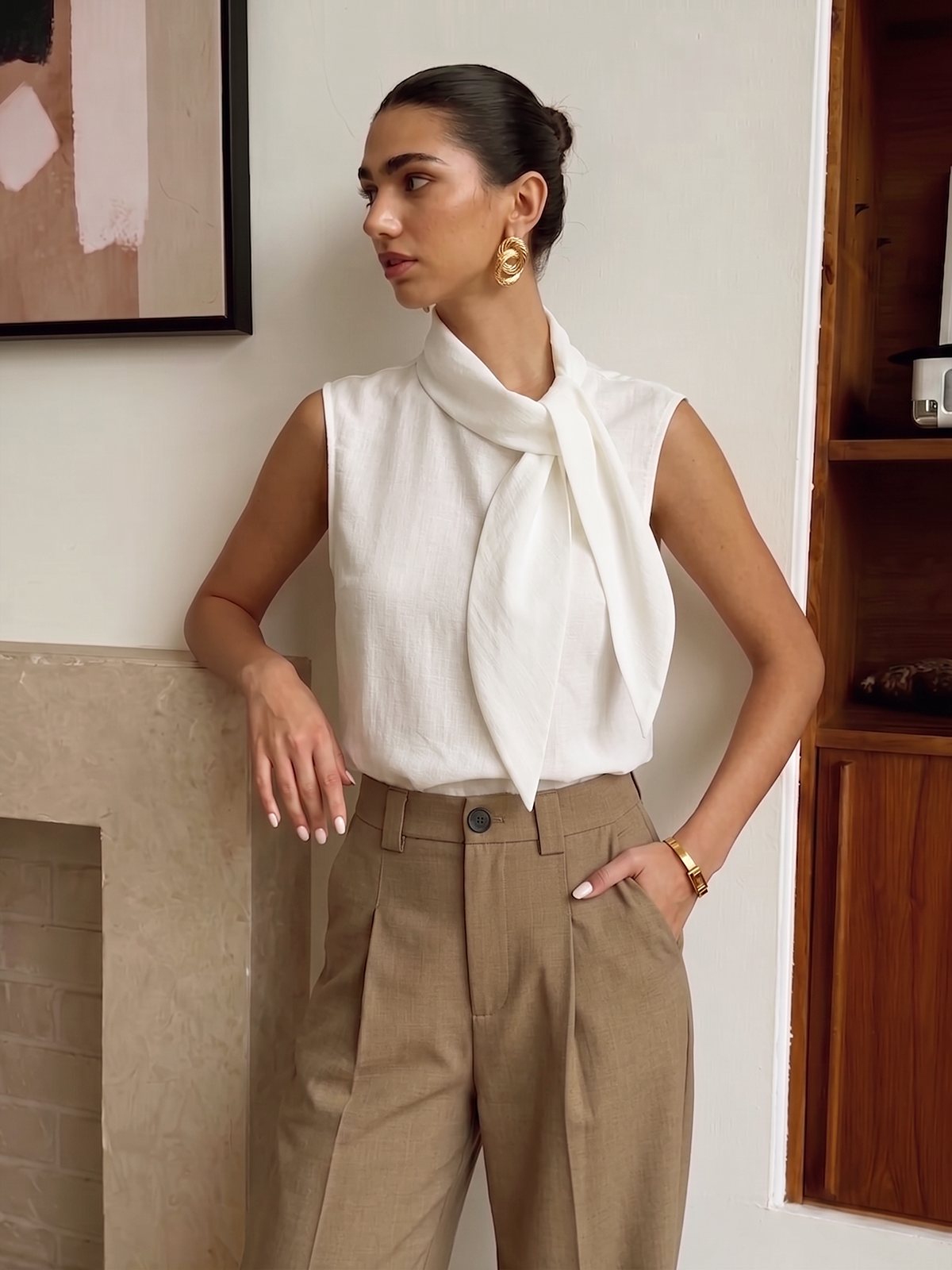 Tie Neck Sleeveless Tencel Blouse