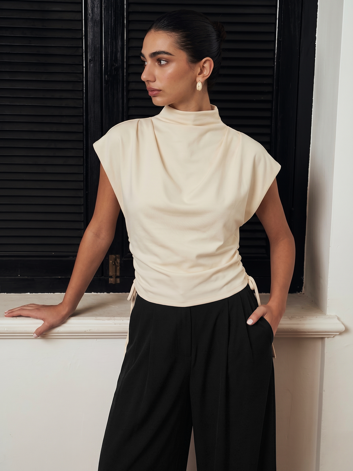 Draped Side Drawstring Cap Sleeve Top