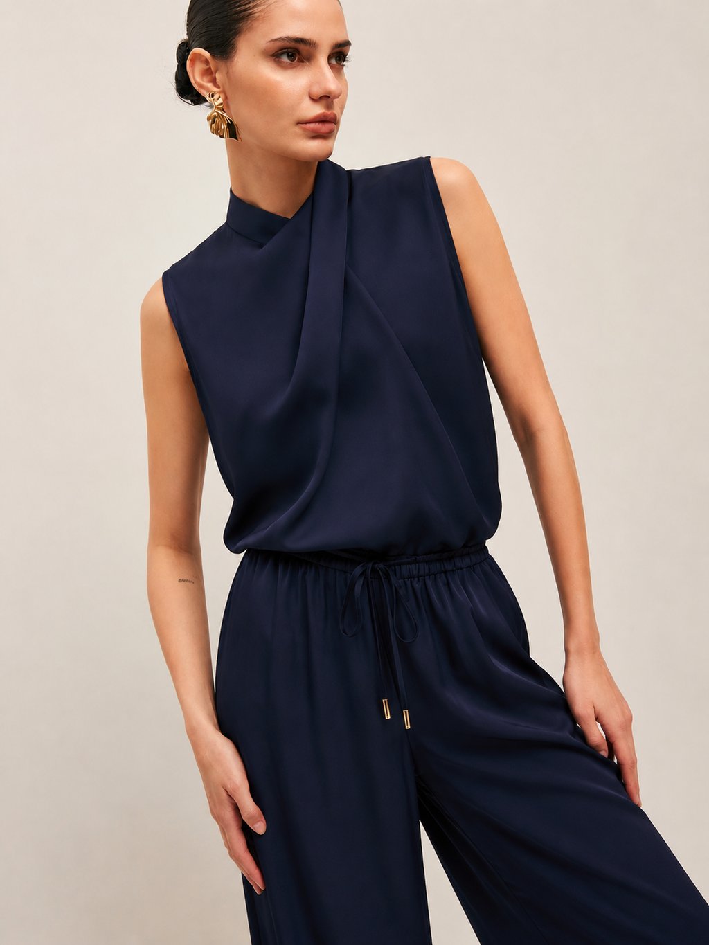 Satin Drape Neck Top & Drawstring Pants Set
