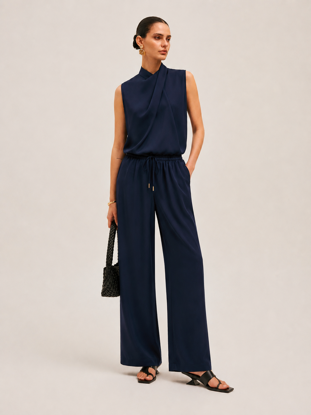 Satin Drape Neck Top & Drawstring Pants Set
