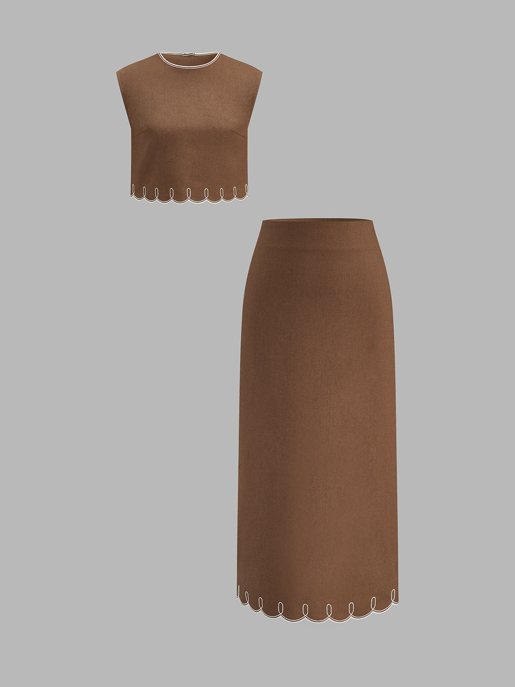 Contrast Stitch Linen Blend Two Piece Skirt Set