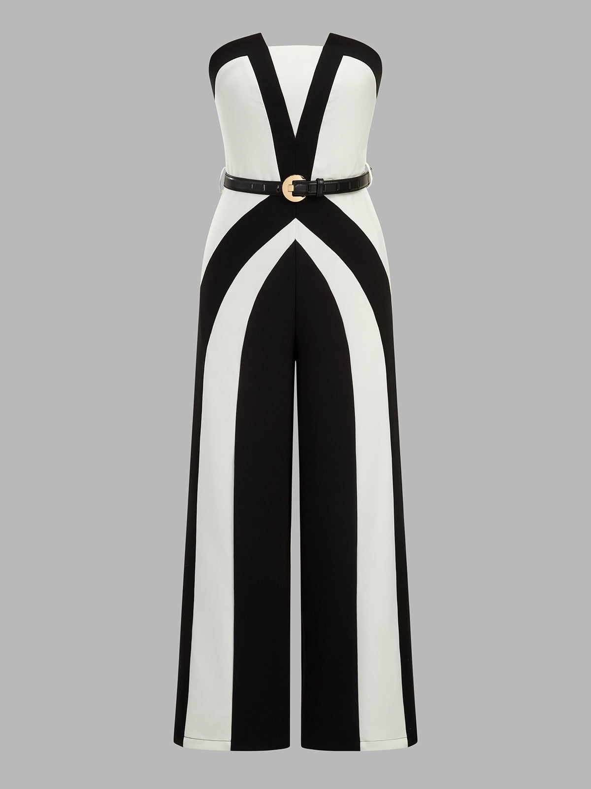 Color Block Strapless Belted Wide Leg Jumpsuit