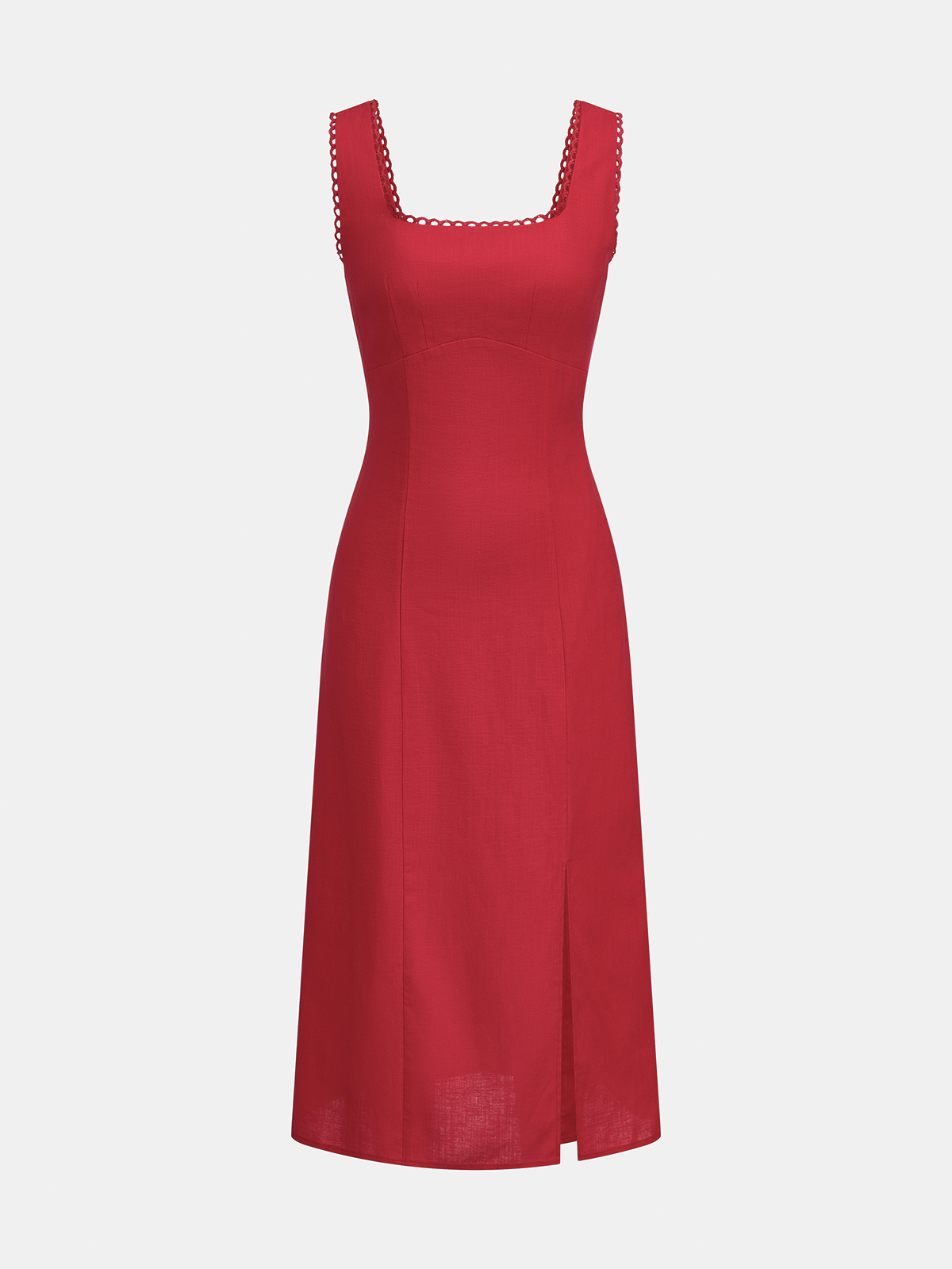 Linen Blend Sleeveless Scallop Trim Midi Dress