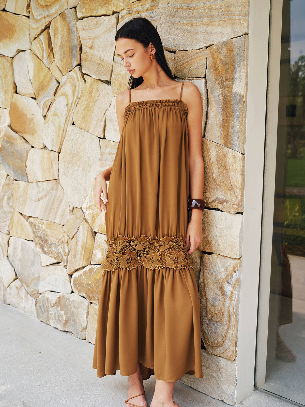 Floral Lace Panel Tiered Maxi Slip Dress