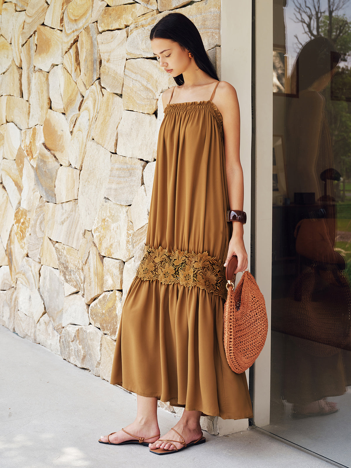 Floral Lace Panel Tiered Maxi Slip Dress
