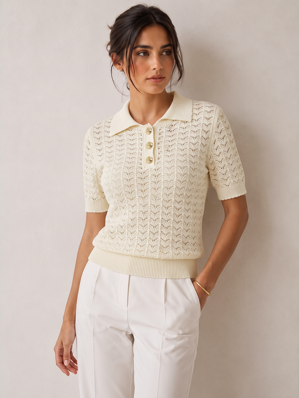 Openwork Short Sleeve Collared Knitted Top