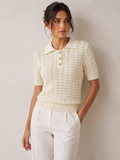 Openwork Short Sleeve Collared Knitted Top