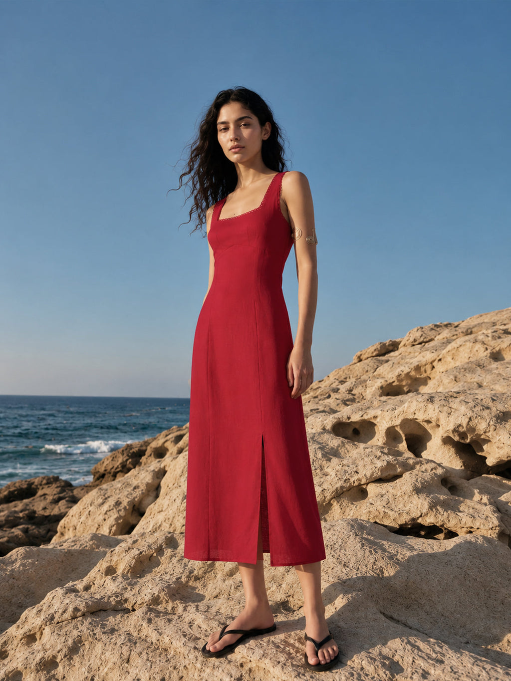 Linen Blend Sleeveless Scallop Trim Midi Dress