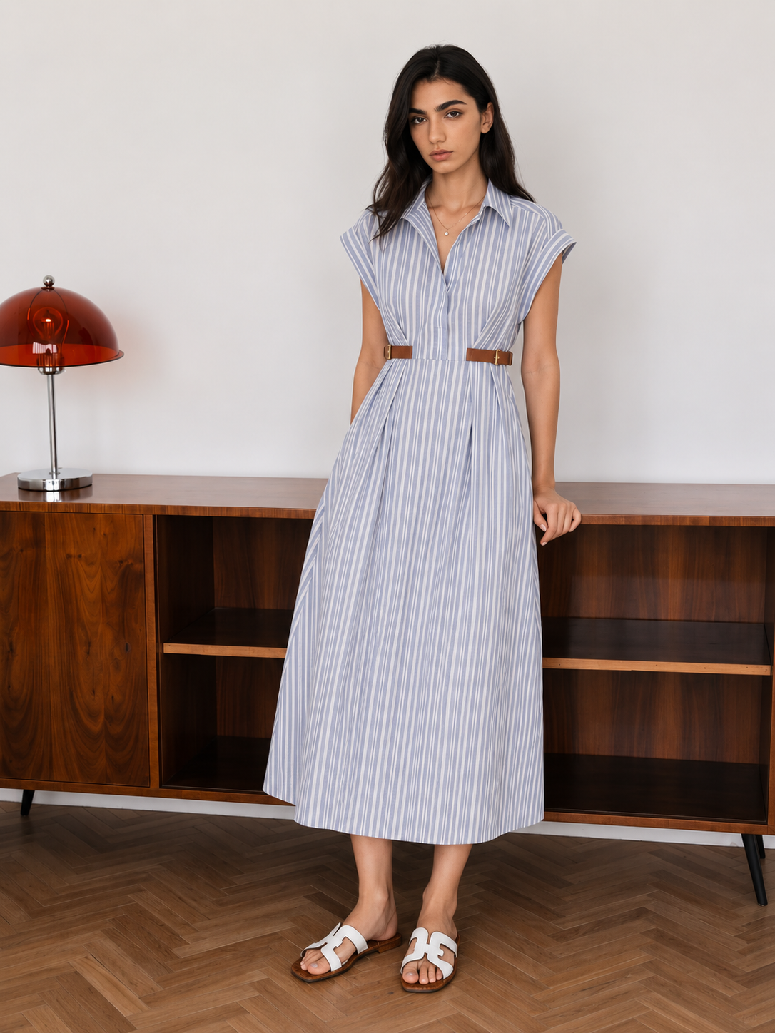 Striped Buckle Detail Cotton Shirt Dress