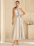 Colorful Stripe Halter Tie-Back Maxi Dress