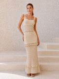 Hollow Knit Ruffle Maxi Slip Dress