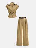Trench Belted Blouse & Pleated Pants Set