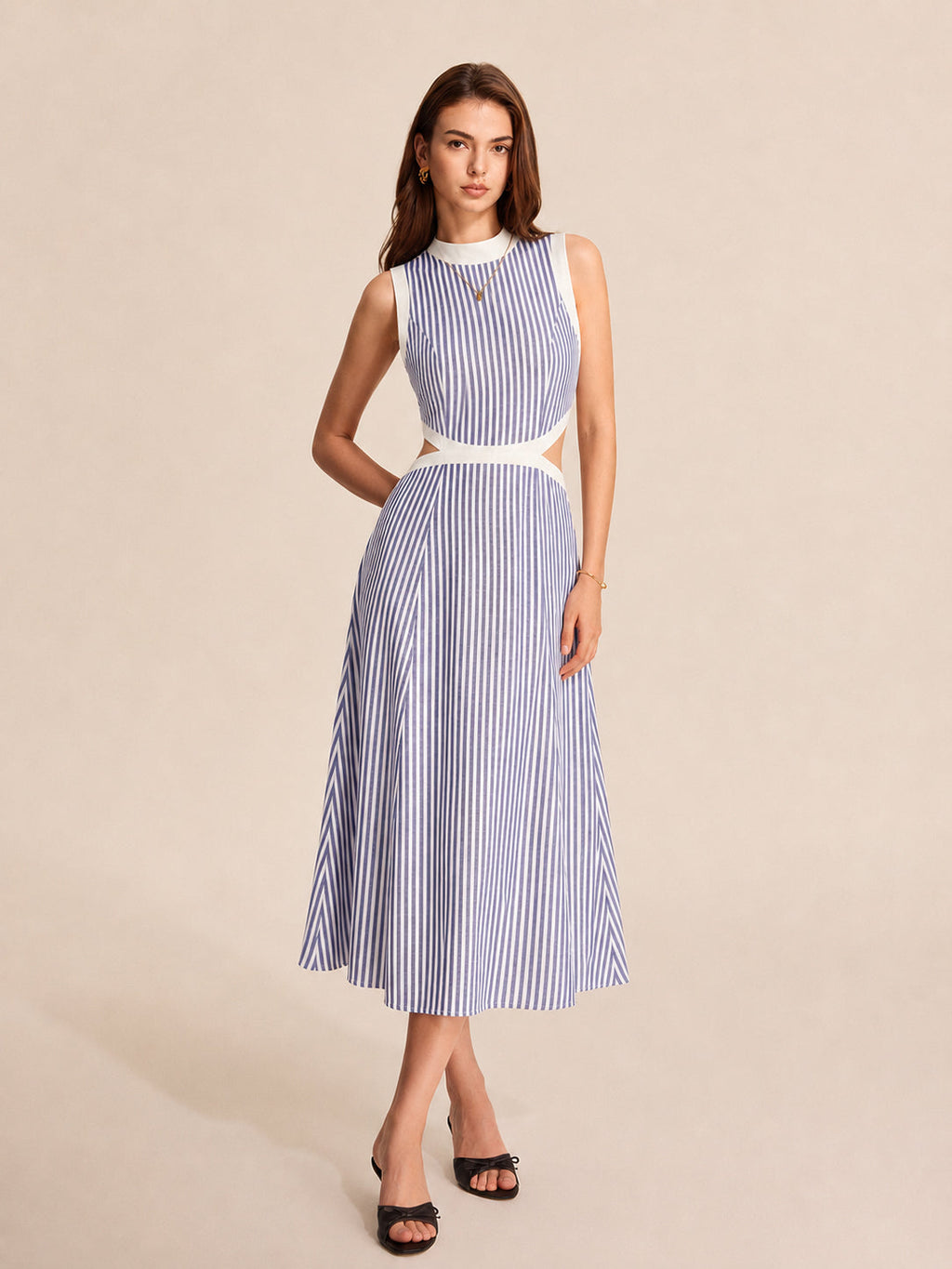 Mock Neck Waist Cutout Striped Maxi Dress