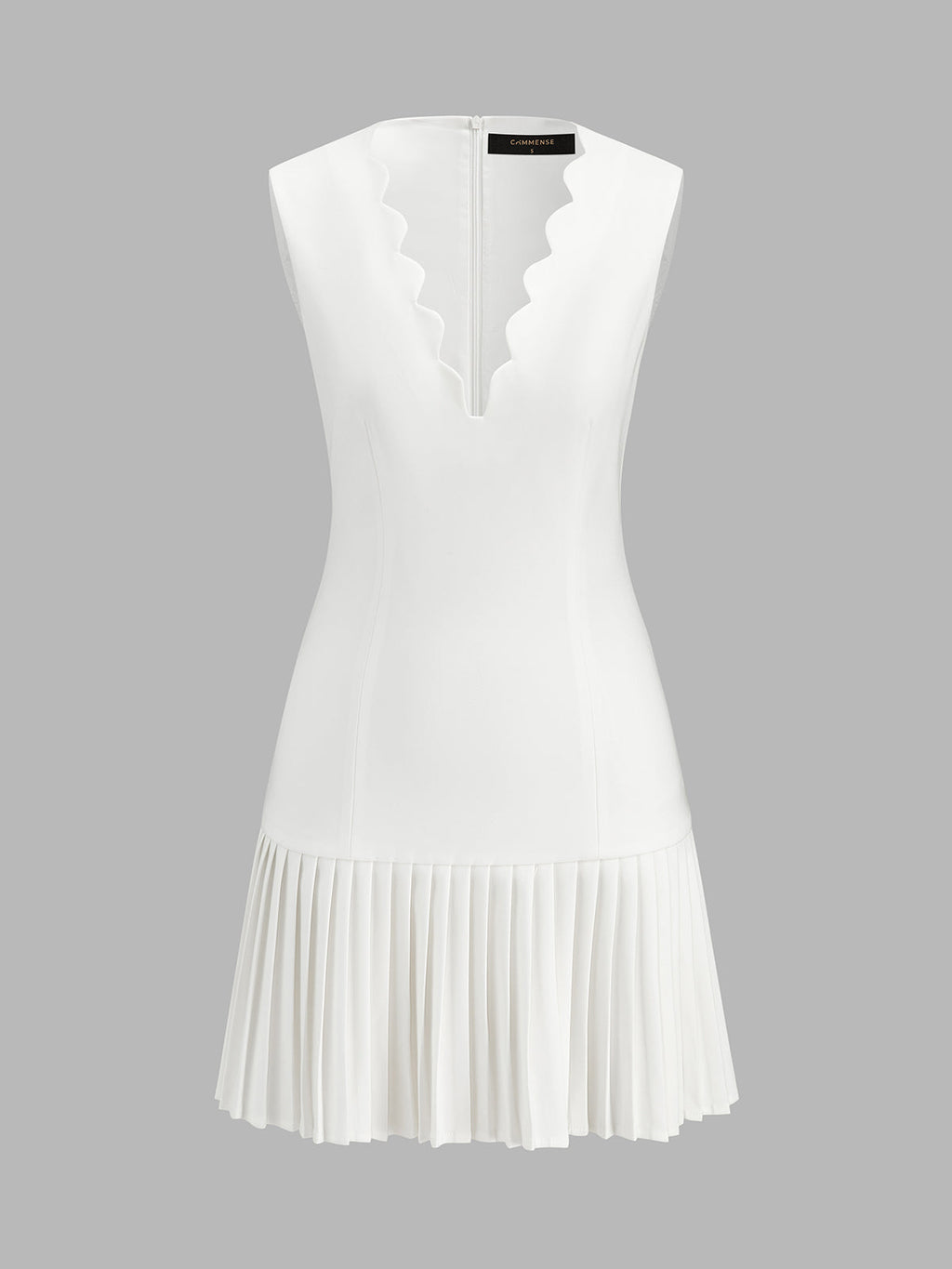 Scallop V Neck Pleated Hem Mini Dress
