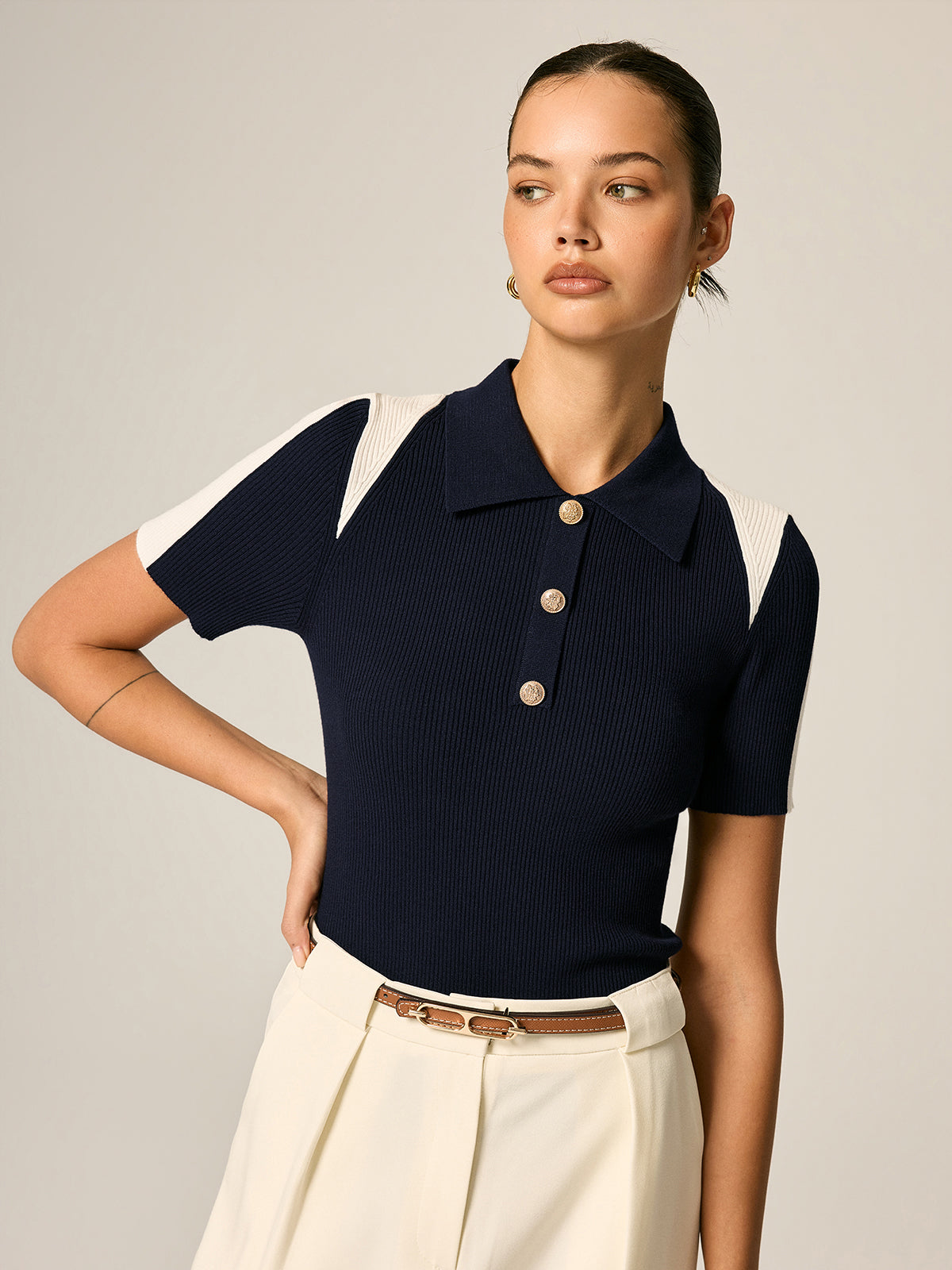 Color Block Polo Ribbed Knit Top
