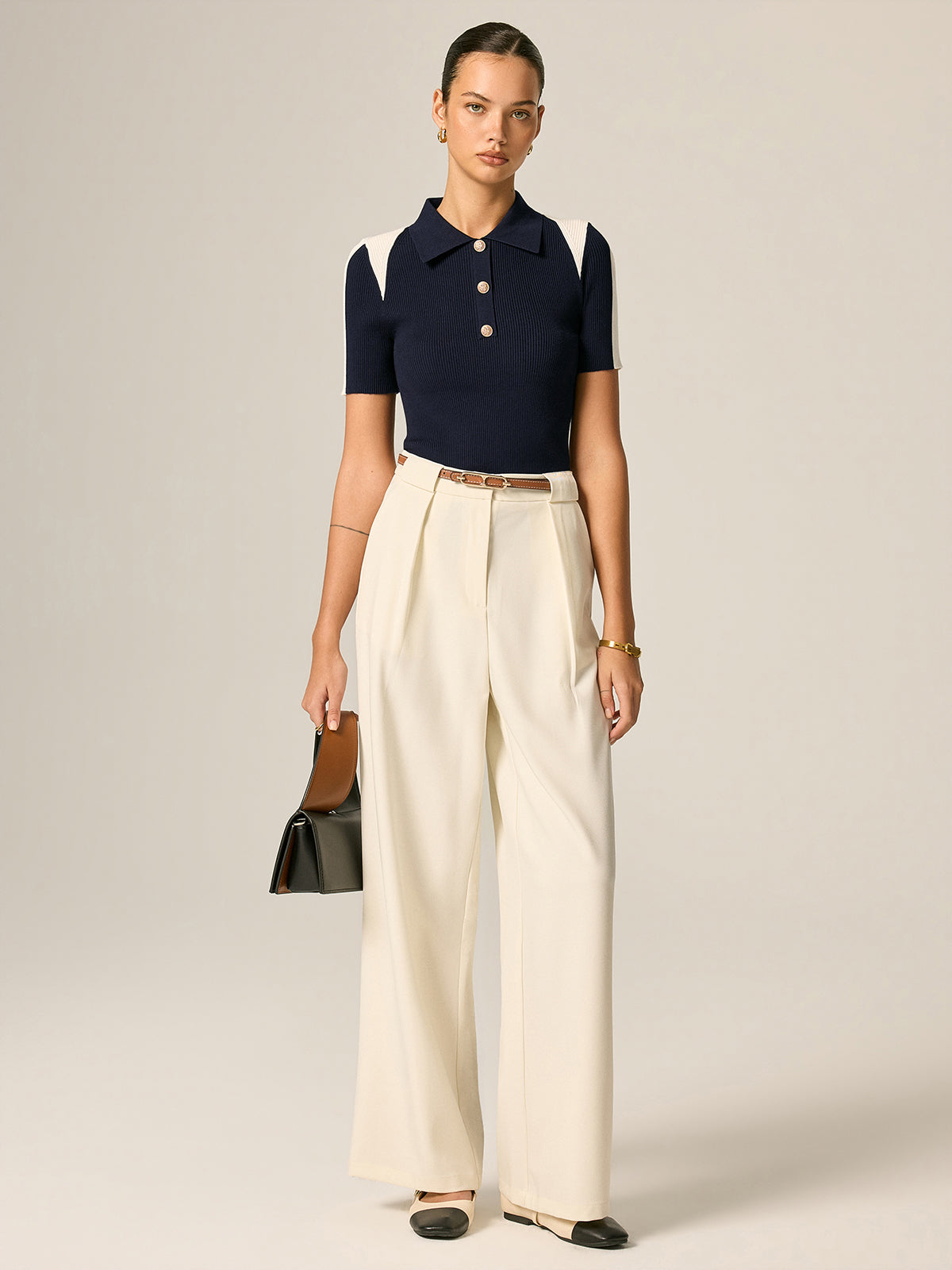 Color Block Polo Ribbed Knit Top