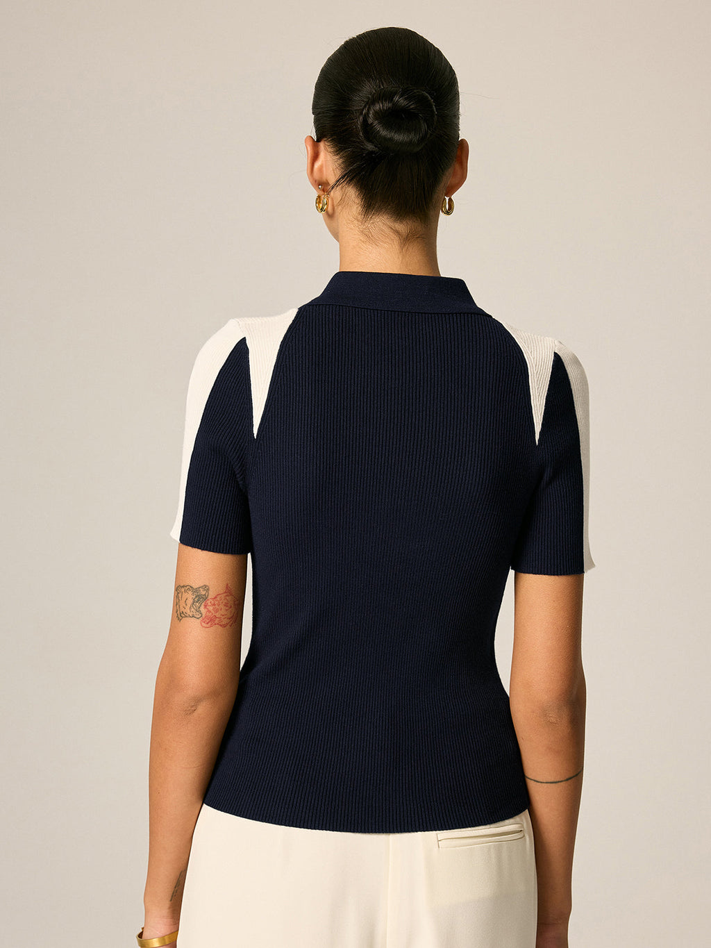 Color Block Polo Ribbed Knit Top