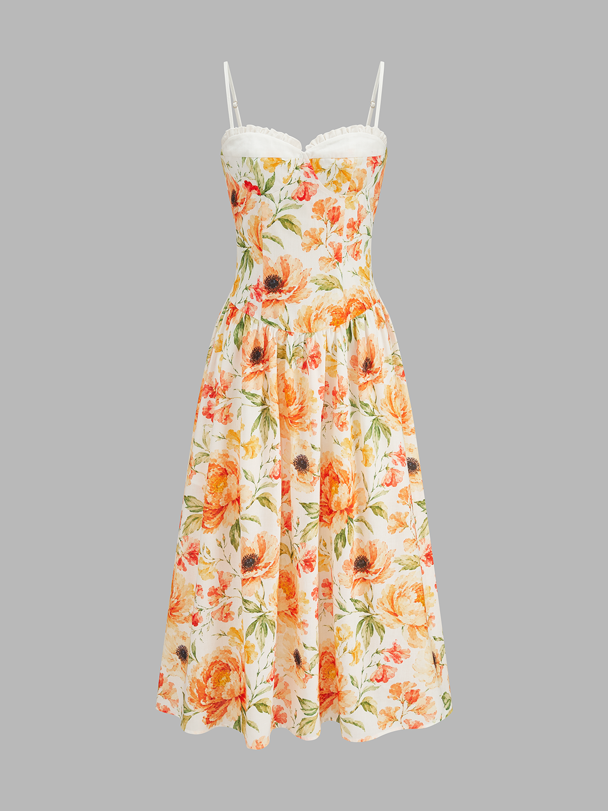 Ruffle Bust Floral Print Cami Midi Dress