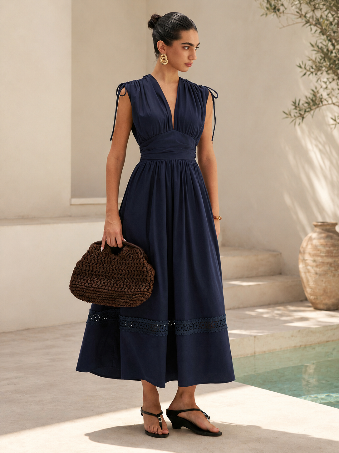 Drawstring Shoulder Lace Panel Midi Dress