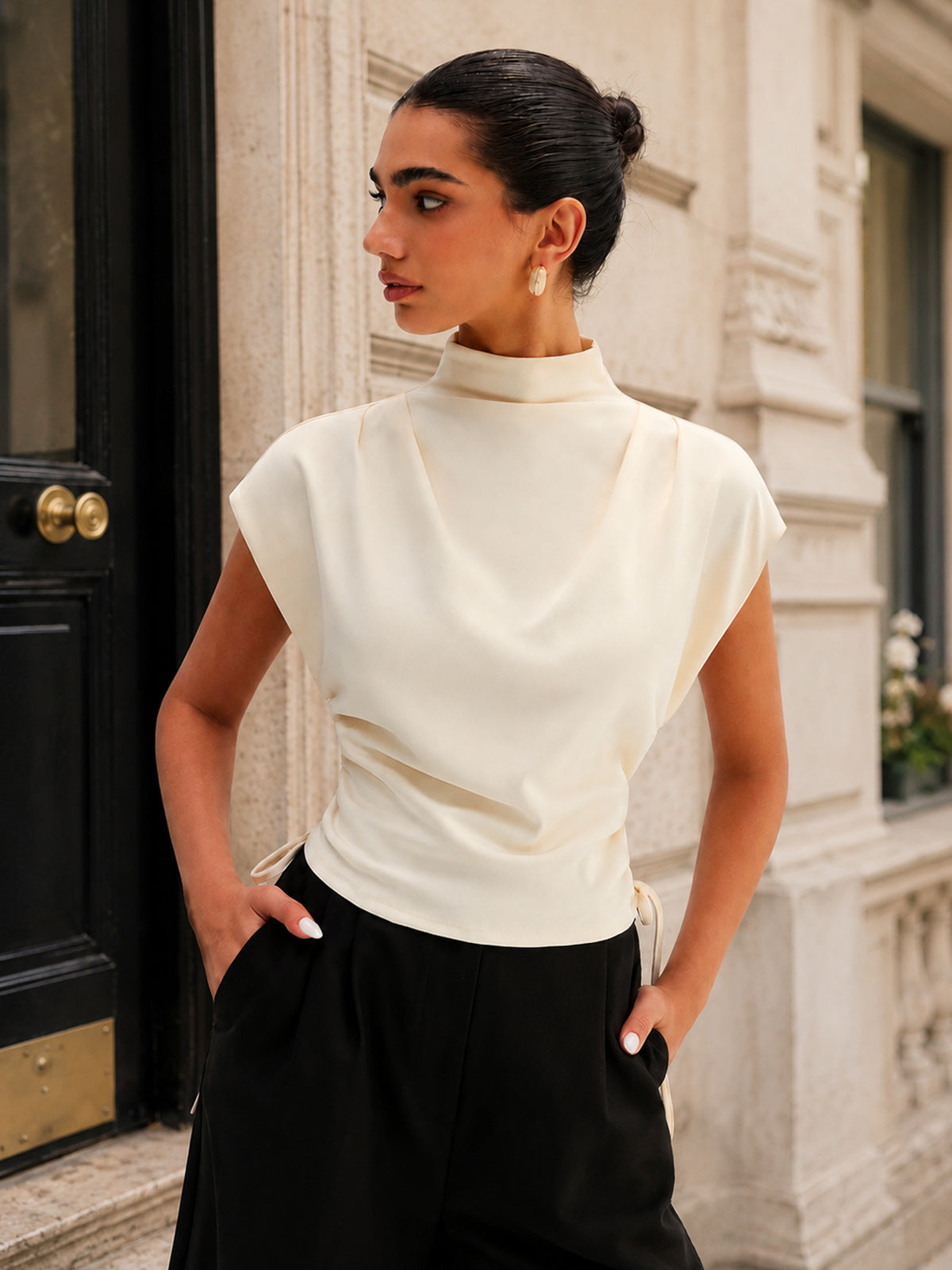 Draped Side Drawstring Cap Sleeve Top