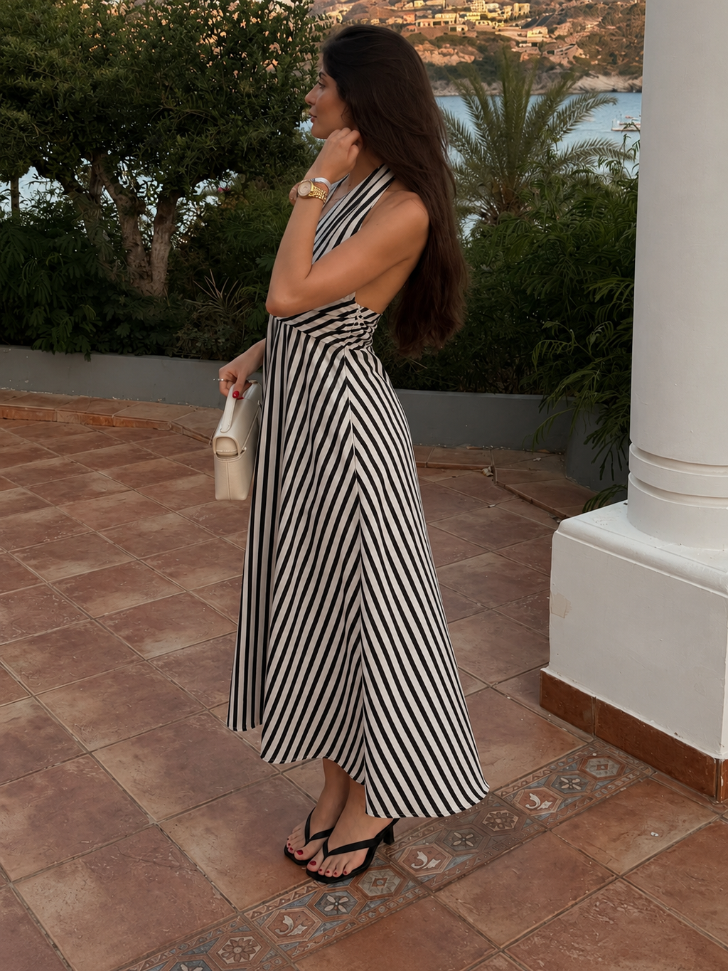 Stripe Backless Pockets Dress