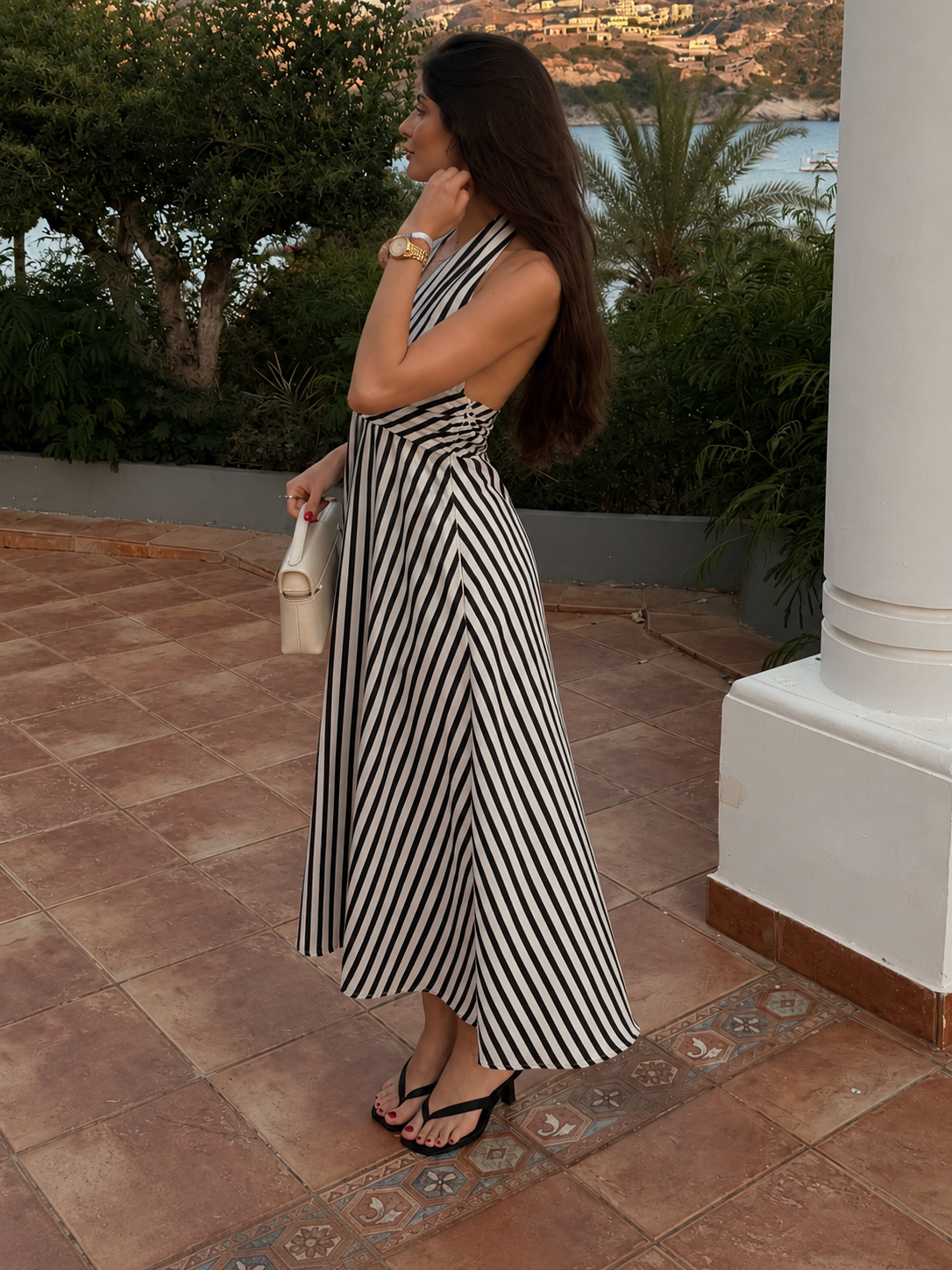 Stripe Backless Pockets Dress