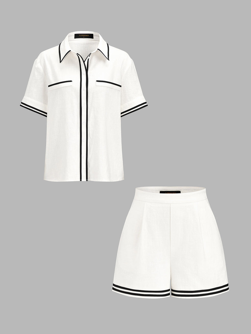 Contrast Trim Cotton Linen Two Piece Shorts Set