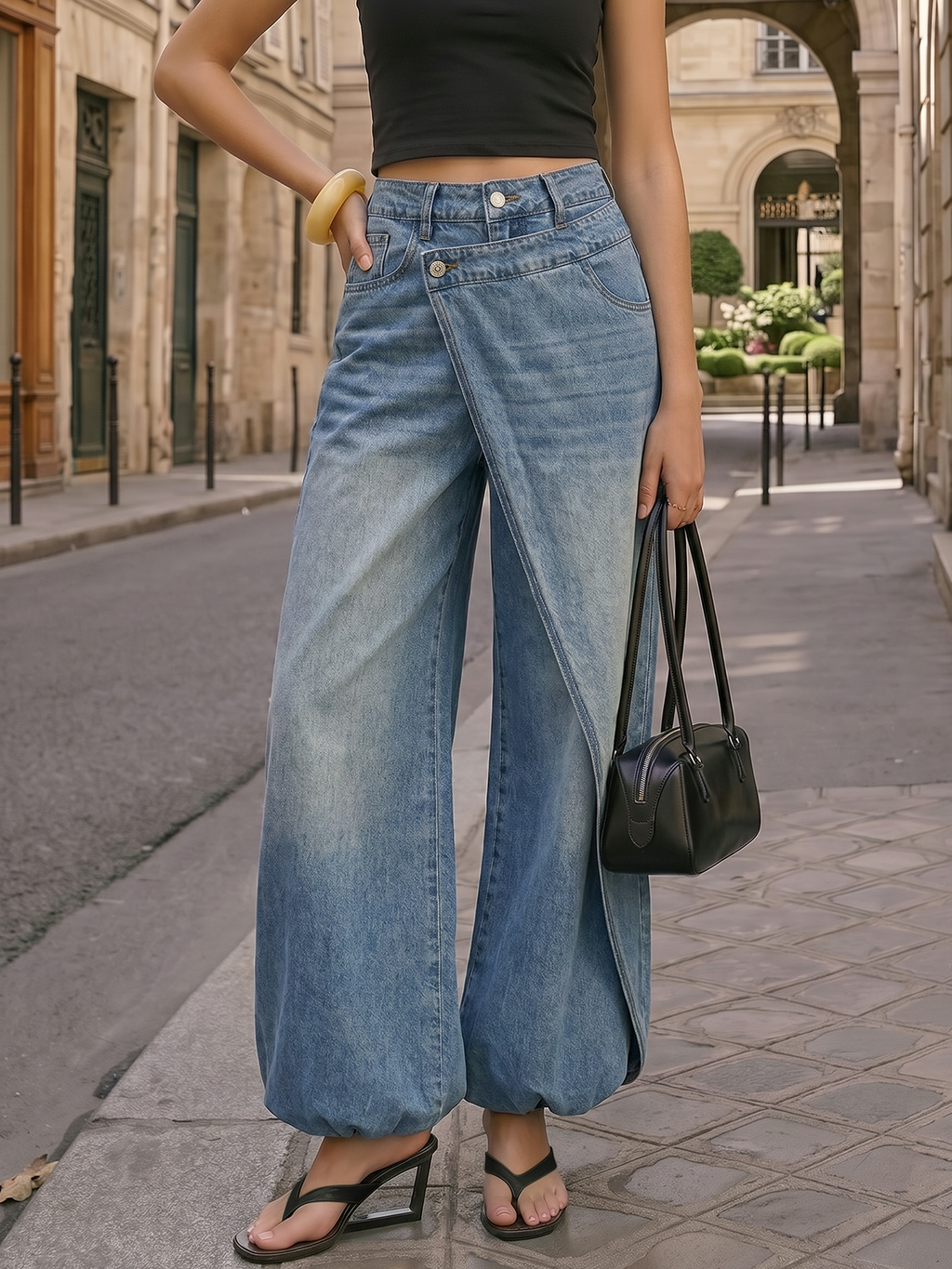 Cross Wrap Overlap Wide Leg Jeans