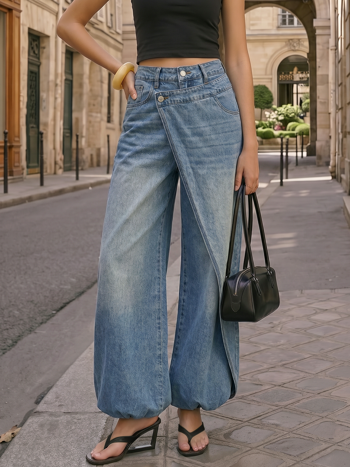 Cross Wrap Overlap Wide Leg Jeans