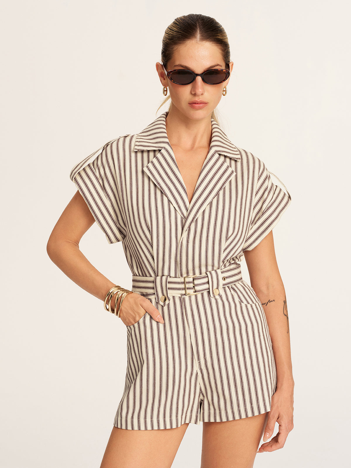 Cotton Striped Belted Lapel Romper