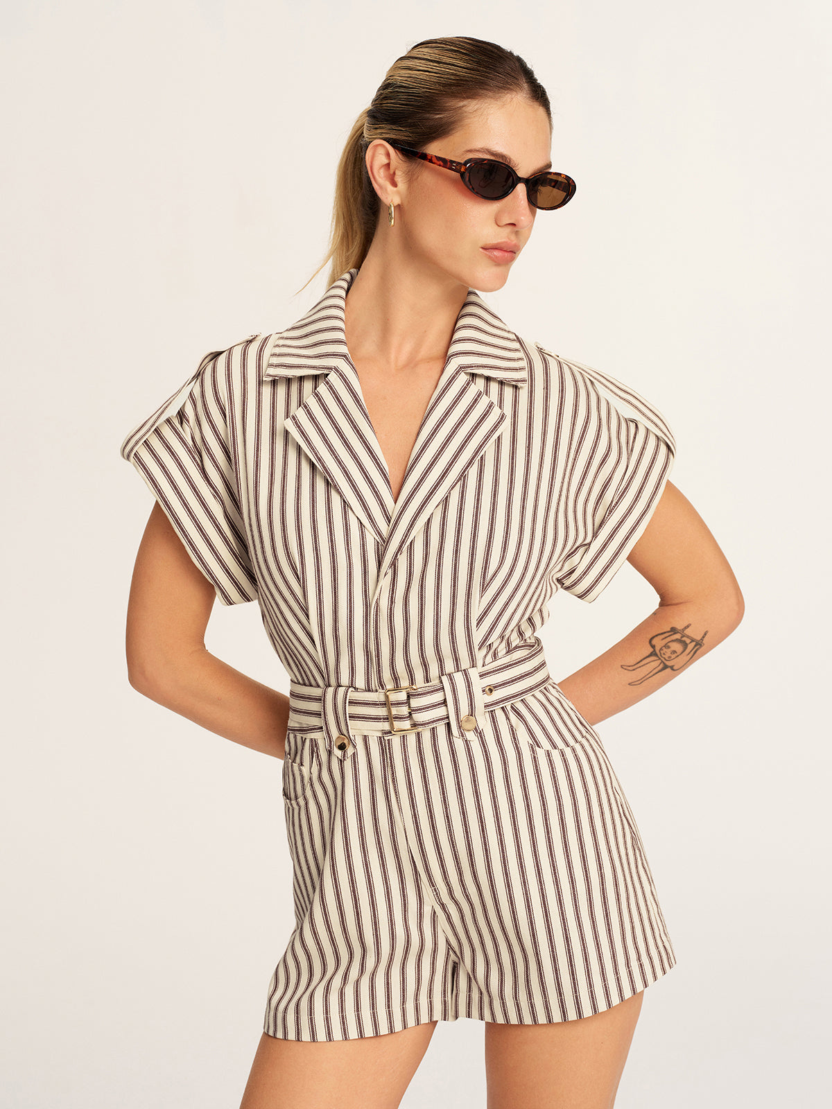 Cotton Striped Belted Lapel Romper