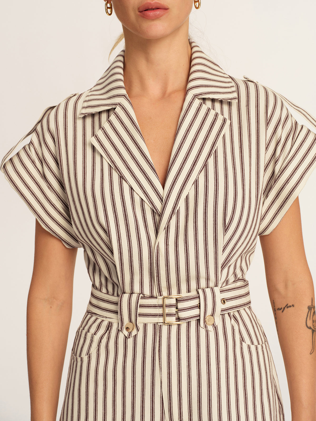 Cotton Striped Belted Lapel Romper