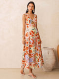 Sleeveless Floral Print Backless Maxi Dress