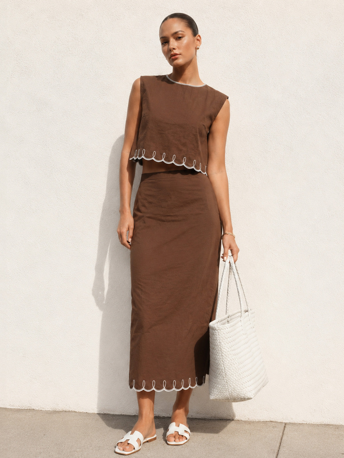 Contrast Stitch Linen Blend Two Piece Skirt Set