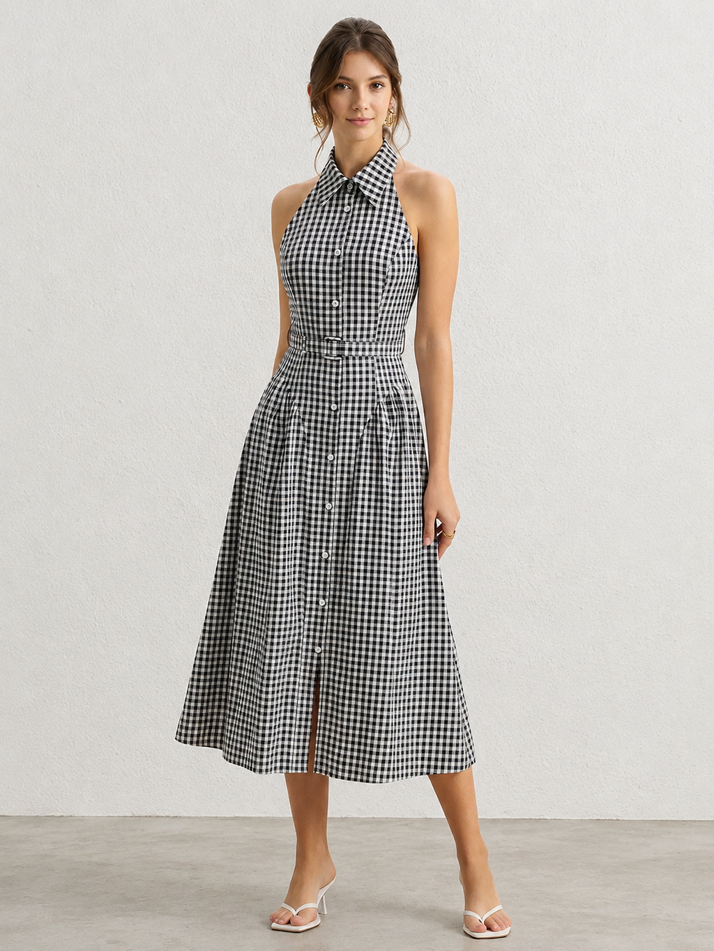 Gingham Collared Halter Belted Midi Dress