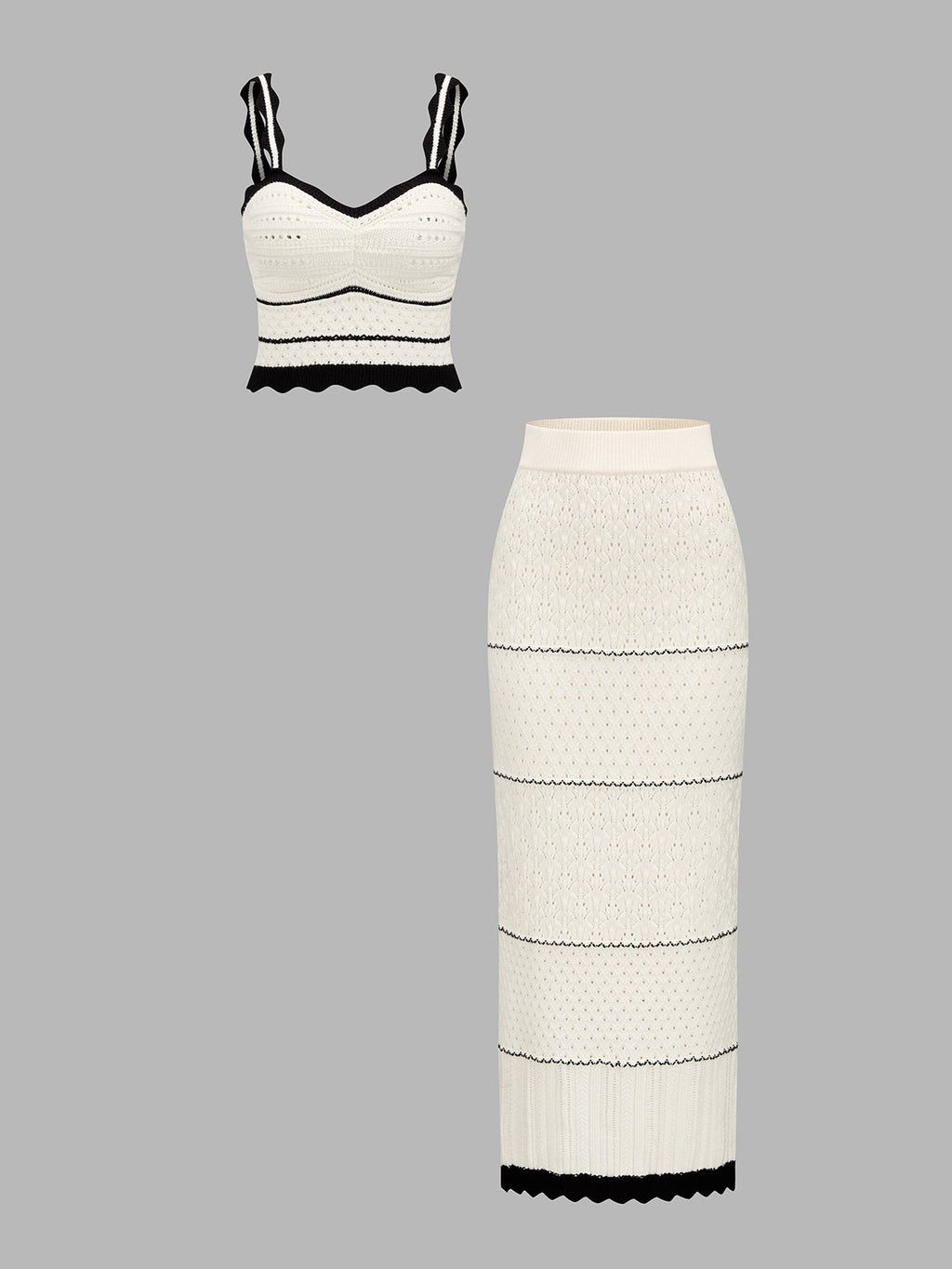 Contrast Trim Hollow Knit Two Piece Skirt Set
