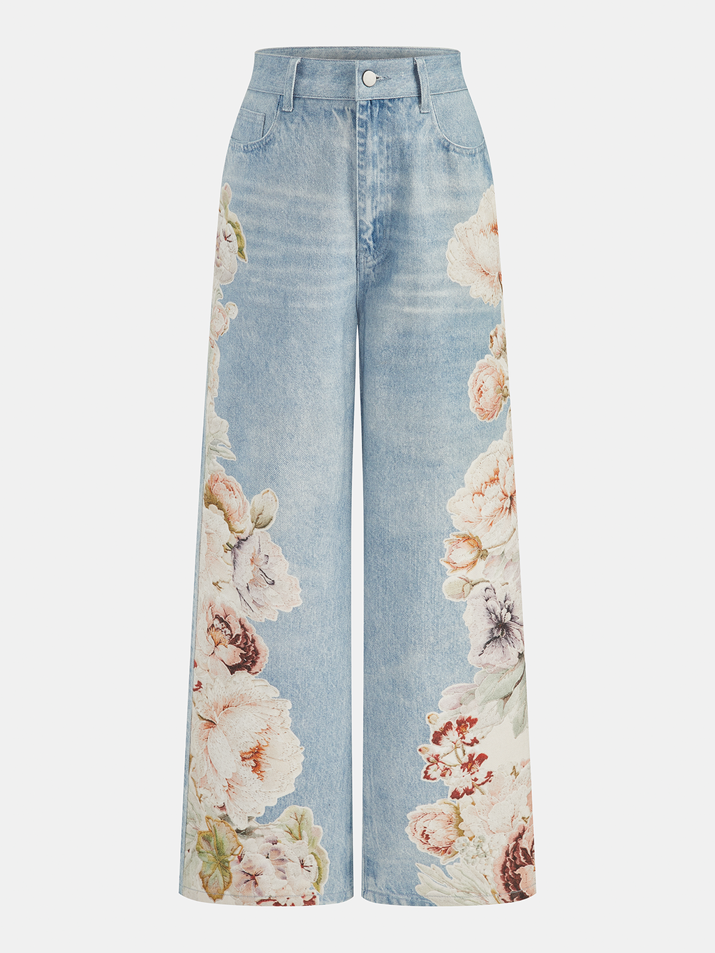 Flower Pattern Straight Leg Denim Pants